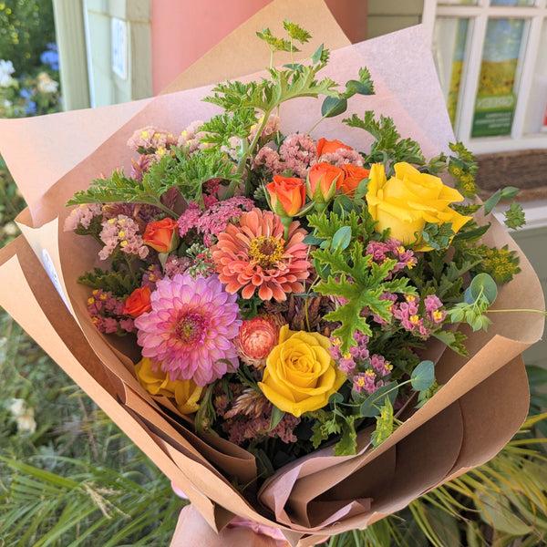 Joyful Classic Bouquet featuring zinnias, roses and dahlias.